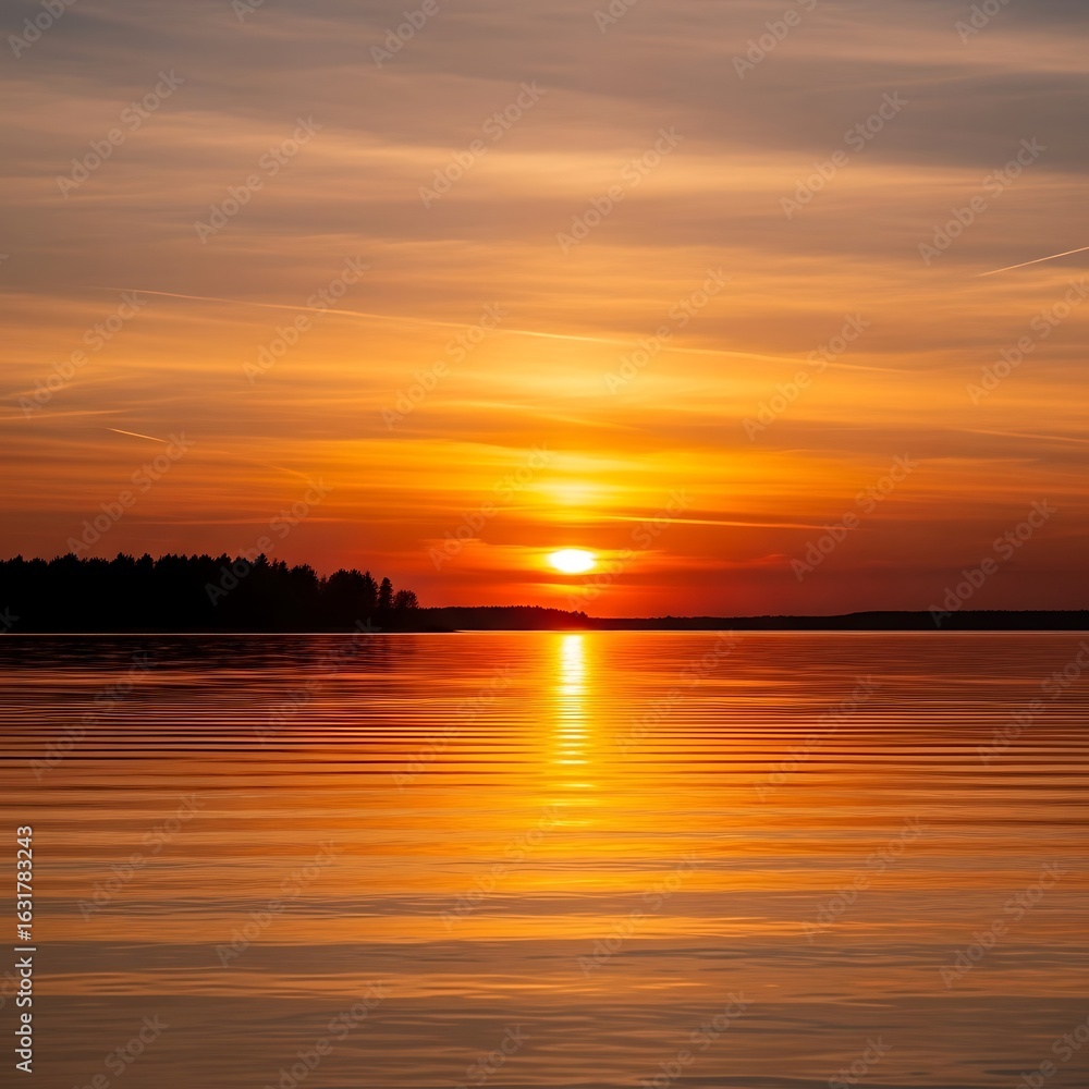 Fototapeta premium Sunset over a calm lake with vibrant colors.
