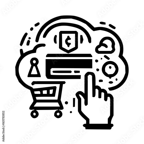 Illustration of online shopping with credit card protection and hand clicking on virtual interface