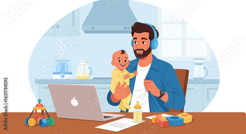 Work from home father multitasking with baby, remote job parenting balance, dad holding infant during online meeting, family life in home office, modern parenthood, digital communication lifestyle.