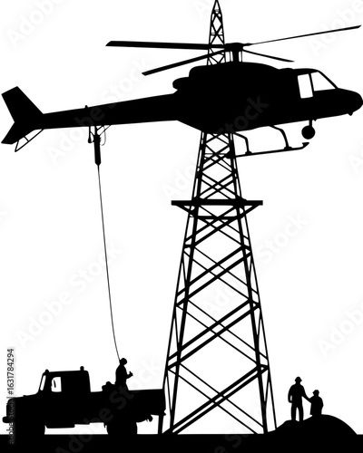 "A black and white schematic illustration showing a helicopter installing a section of a high-voltage transmission tower. The image is horizontally split into sequential stages, including helicopter h