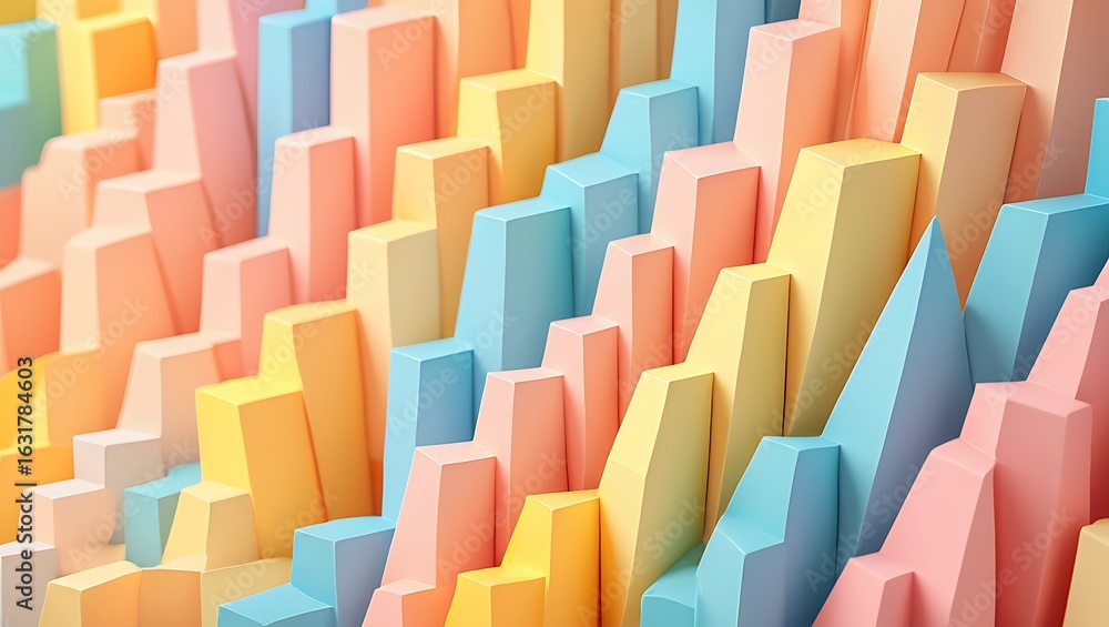 Obraz premium Abstract pastel geometric blocks and columns in soft pink, yellow, and blue creating a textured, dimensional pattern