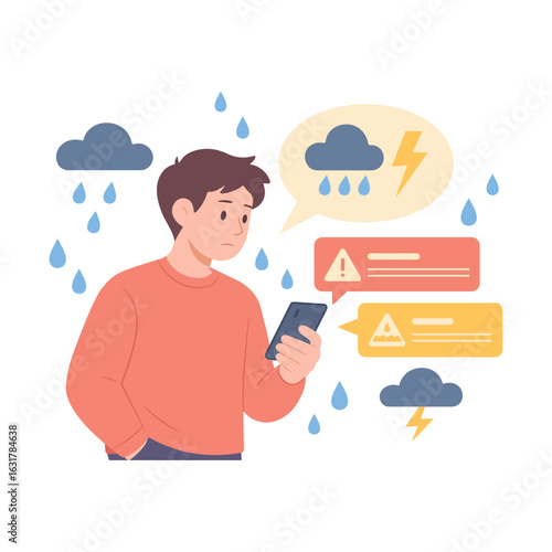 Severe weather alerts on phone. Thunderstorm and rain warning notifications shown with clouds, lightning, and raindrops. Weather forecast. Vector flat cartoon style illustration.