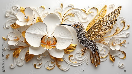 Luxurious 3D Wall Art with White Orchids, Golden Leaves, and an Ornate Hummingbird with Crystal Accents