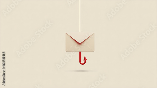 A simple email icon hologram is shown. From it, a single, sharp, red fishing hook graphic is emerging, symbolizing a phishing attempt in a clean, graphic way.