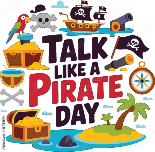 Talk Like A Pirate Day cartoon illustration with treasure chest and ship parrot