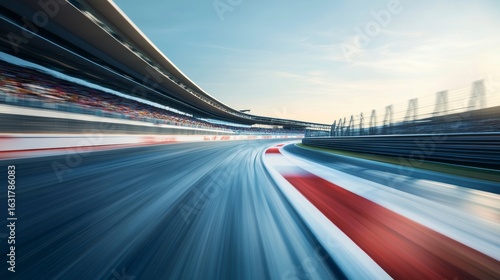 Fast race track with blurred motion effect, showing a turn with stands and crowd.