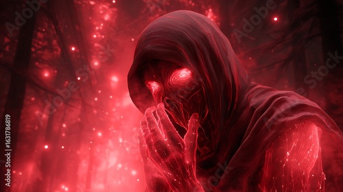 A hooded figure lurks in the shadows, its glowing red eyes hinting at a malevolent presence, a symbol of horror and supernatural dread in a dark fantasy