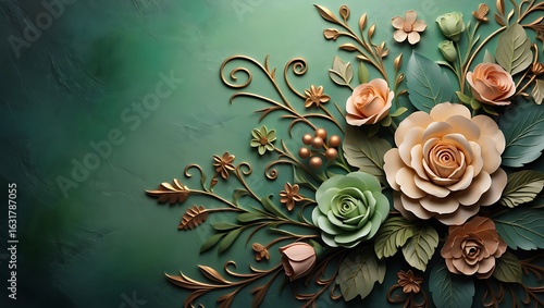 Fototapeta Naklejka Na Ścianę i Meble -  Elegant 3D floral relief with golden accents on a vibrant emerald green textured background.