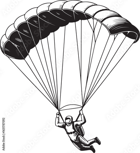 Engraved Skydiver Illustration – Parachute Descent Vintage Style Vector Drawing