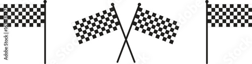 Checkered racing flags icon set in black and white. Vector finish line flags perfect for motorsport, race event, or victory themes. Includes crossed and standing flag illustrations