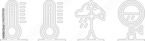 Weather icons featuring thermometers rain gauge and barometer in outline style on a white background