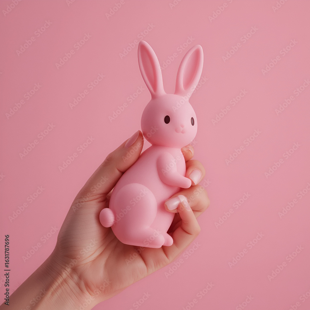 Obraz premium Pink sex toy rabbit shaped vibrator for women in female hand isolated on light pink background