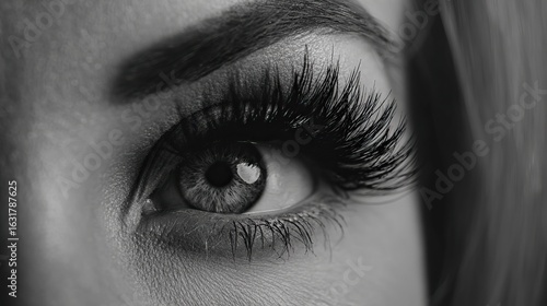 Black and white close-up of an eye with long, thick eyelashes, showcasing natural lash texture and elegant makeup details that highlight inherent beauty in every lash strand.