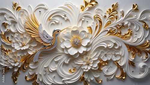 Majestic 3D white floral relief with a detailed silver and gold hummingbird and ornate golden foliage on an elegant background.