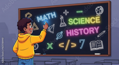 Excited students running towards entrance, Open Book And Laptop In Library, Education and reading concept - group of colorful books on the wooden table in the classroom, blackboard background


