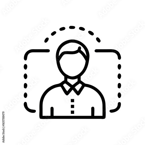 User profile focus icon, linear vector illustration showing digital identity frame, selected person avatar with dotted border, account management and personalized user interface concept