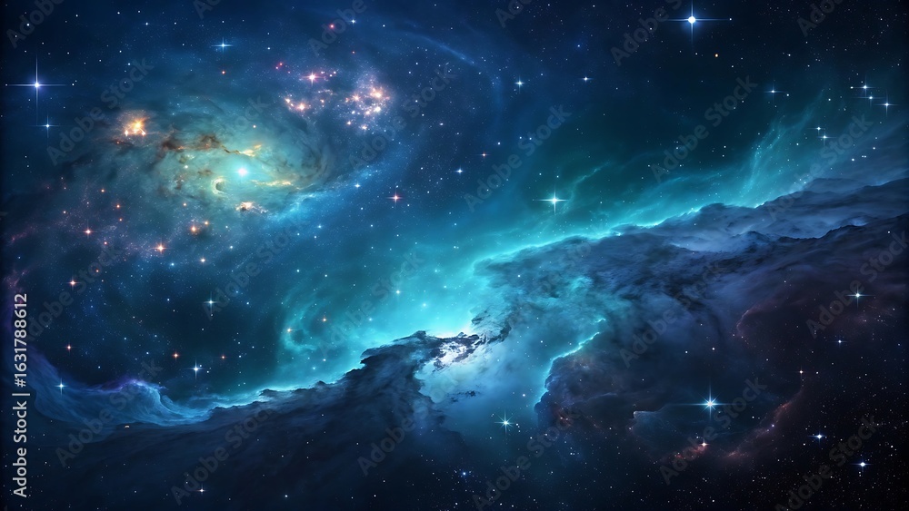 Fototapeta premium Cosmic nebula with golden stars and blue gas clouds