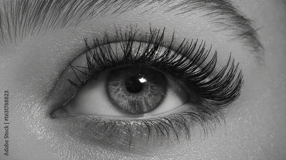 Fototapeta premium Black and white close-up of an eye with long, thick eyelashes, showcasing natural lash texture and elegant makeup details that highlight inherent beauty in every lash strand.
