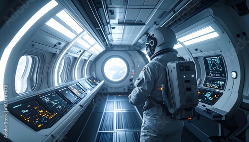 Astronaut in Space Station Interior Looking at Earth