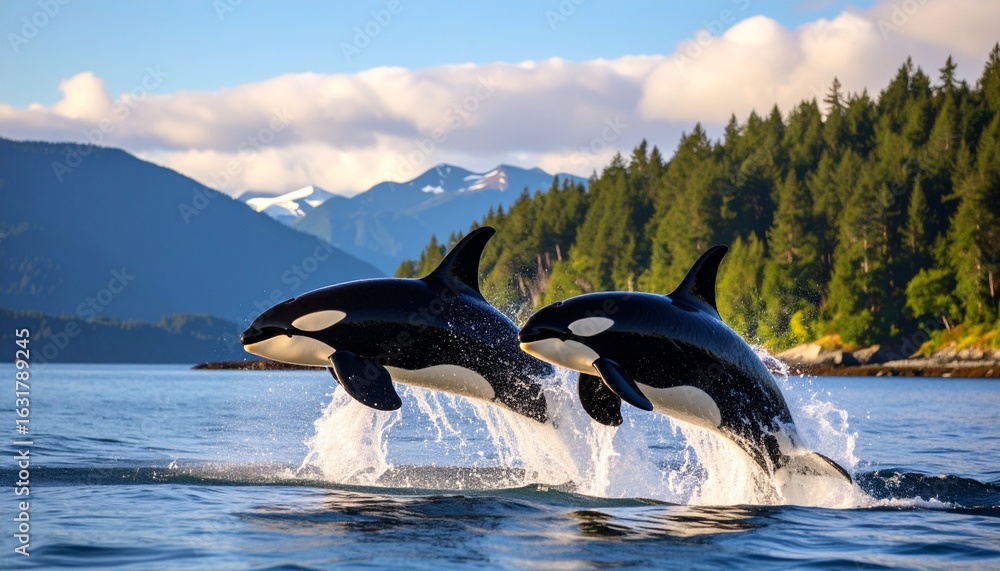Obraz premium Two orcas leap playfully above the ocean surface, splashing water in a vibrant coastal marine setting under a bright blue sky. 