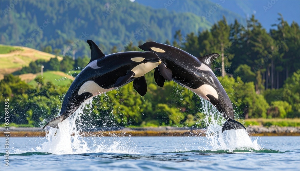Obraz premium Two orcas leap playfully above the ocean surface, splashing water in a vibrant coastal marine setting under a bright blue sky. 