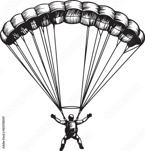 Skydiving Adventure in Engraving Style  Parachutist Vintage Vector