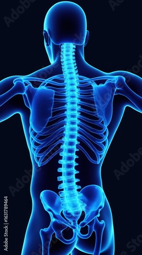 Glowing blue human spine and ribcage anatomy on dark background