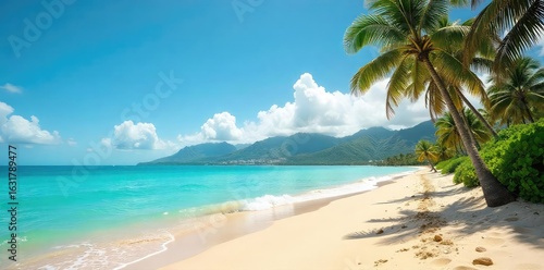 Golden sand, turquoise water, lush palm trees sway gently in the Hawaiian breeze on a pristine beach Perfect tropical getaway, relaxation, paradise found , sunlight, Hawaiian beach, beach