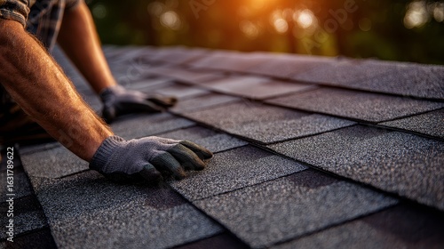 Roof repair close-up with asphalt shingles, professional roofer installing shingles, roof repair construction rooftop