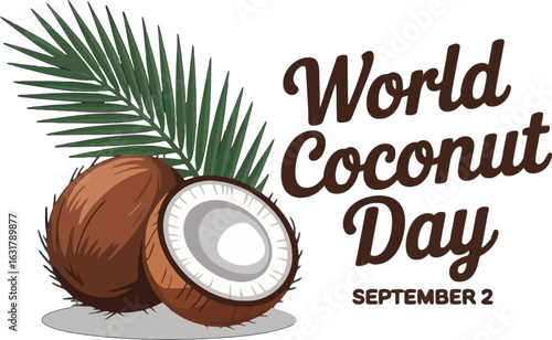 World Coconut Day illustration with coconuts and palm leaves September 2 tropical fruit