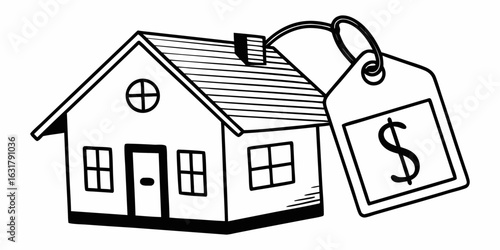 A single line drawing of a house with a price tag attached to it in black and white simple design