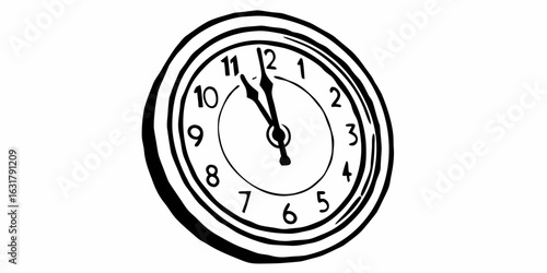 Illustration of a clock with hands pointing towards eleven fifty five in black and white style