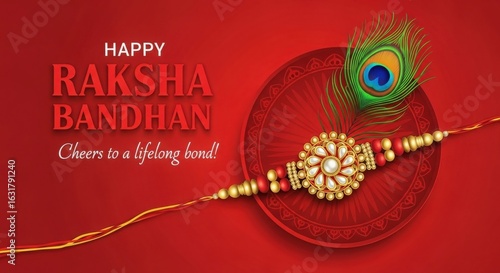 Elegant raksha bandhan greeting with peacock feather and ornate rakhi
