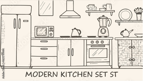 Illustration of a kitchen interior with appliances cabinets and shelves showing a modern kitchen set up silhouette