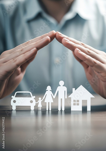 Photo of hands protect paper cutouts of family car and house representing insurance and financial security