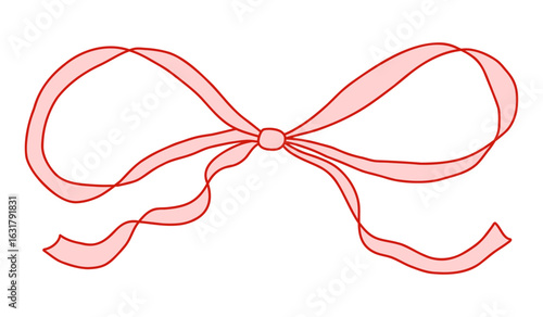 Whimsical coquette pink bow ribbon with red outline. Cute and elegant design element for Valentines Day, packaging, greeting cards, scrapbooking, feminine branding, and decorations. Vector art
