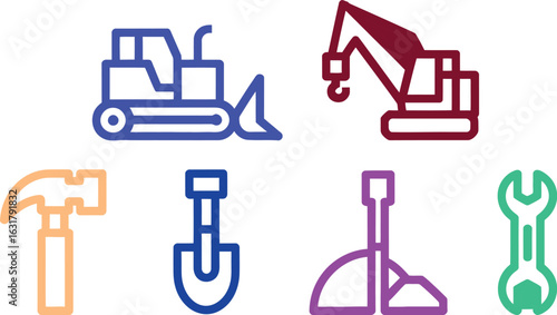 Illustration of construction equipment and tools including bulldozer crane hammer shovel and wrench icons