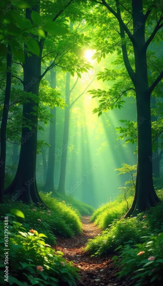 Naklejka premium Dappled Sunlight Filtering Through Lush Green Forest Canopy Tranquil Nature Scene