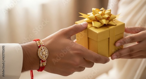 Brother receives a golden gift box with a rakhi bracelet on his wrist