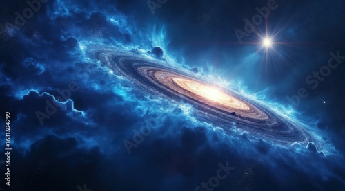 Vibrant spiral galaxy surrounded by cosmic nebula and distant star