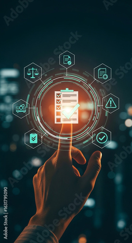 Photo of hand touching a digital screen displaying compliance regulations and standards for business operations and quality control