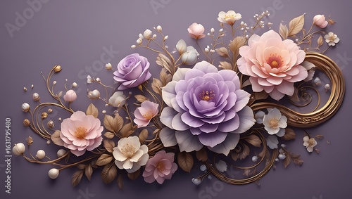 Elegant 3D pastel floral arrangement with purple, pink flowers, intricate golden swirls, and pearls.