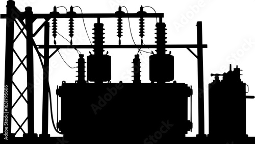 Technical black and white rendering of an electrical substation, clean schematic style with visible transformer units, electrical lines, and structural supports, flat white background, no shading."