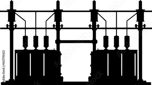 Technical black and white rendering of an electrical substation, clean schematic style with visible transformer units, electrical lines, and structural supports, flat white background, no shading."
