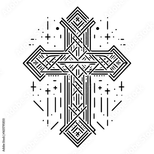 Christian cross icon in detailed monoline style with geometric pattern. Religion, faith and spirituality concept. Vector illustration for tattoo, print, banner