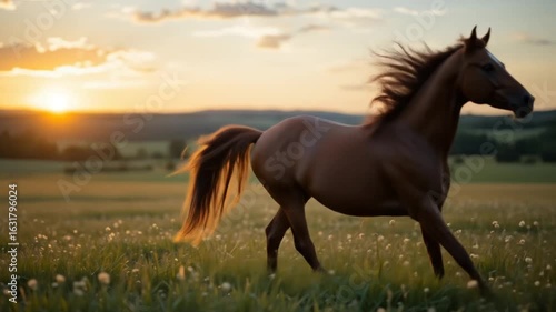 Wallpaper Mural Majestic Brown Horse Galloping Freely Across a Golden Meadow at Sunset in Slow Motion Torontodigital.ca