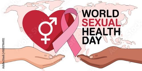 World Sexual Health Day with heart, ribbon, and hands on world map wellness safety
