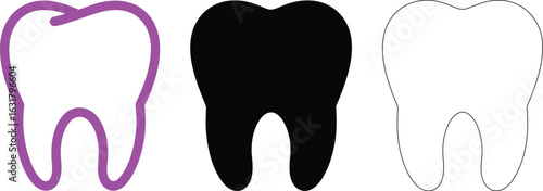 Three tooth illustrations in purple outline, black silhouette and white outline on a white background