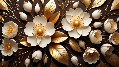 Elegant 3D arrangement of pristine white flowers with golden leaves and buds on a dark brown textured background.