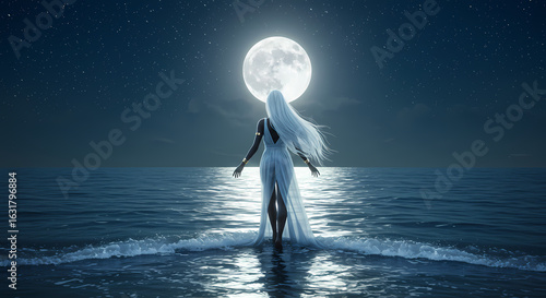 Iemanjá, Queen of the Sea, Orixá on Ocean Shore at Night.
